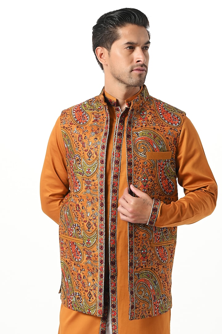 Mustard Silk & Wool Embroidered Open Bundi Jacket Set by Taroob Men at Pernia's Pop Up Shop