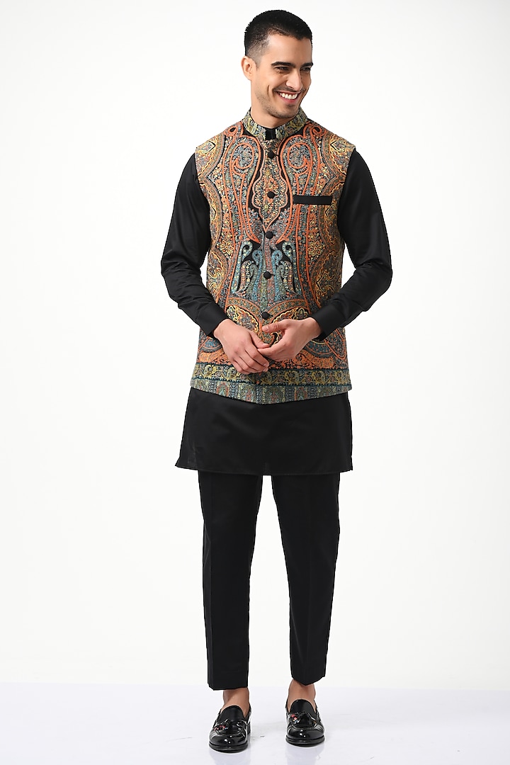 Black Silk & Wool Embroidered Bundi Jacket Set by Taroob Men