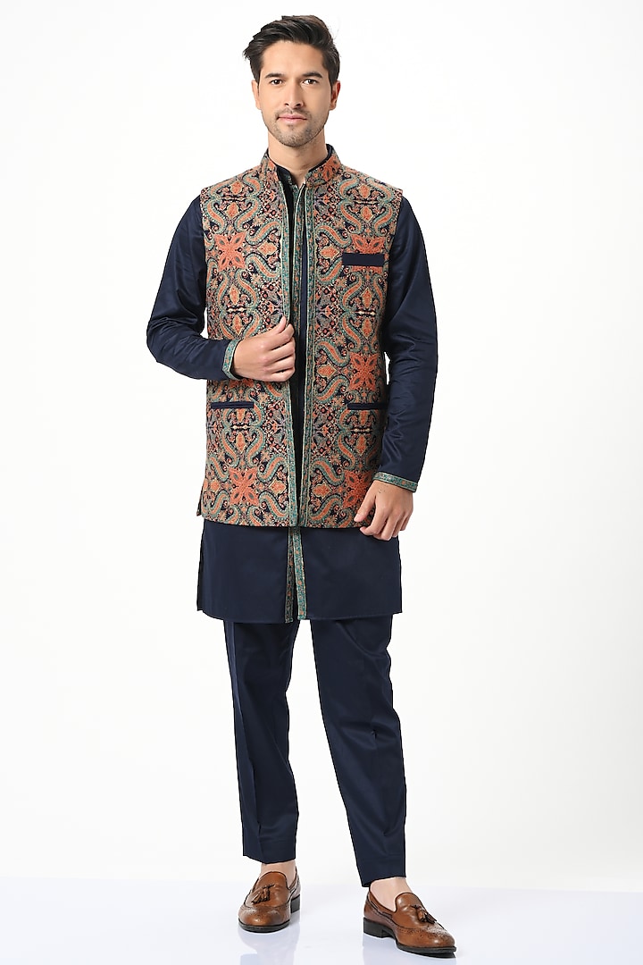Blue Silk & Wool Embroidered Bundi Jacket Set by Taroob Men