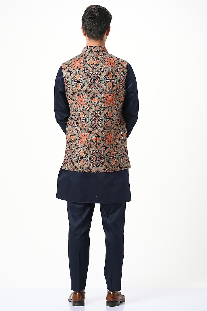 Blue Silk & Wool Embroidered Bundi Jacket Set by Taroob Men at Pernia's Pop Up Shop