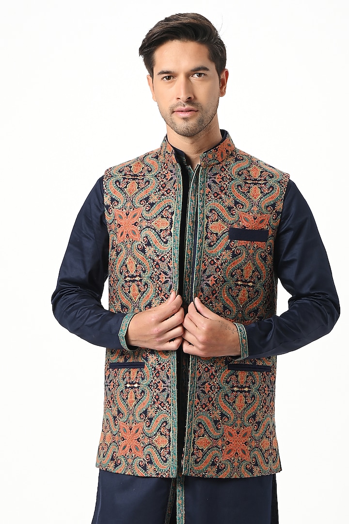 Blue Silk & Wool Embroidered Bundi Jacket Set by Taroob Men at Pernia's Pop Up Shop