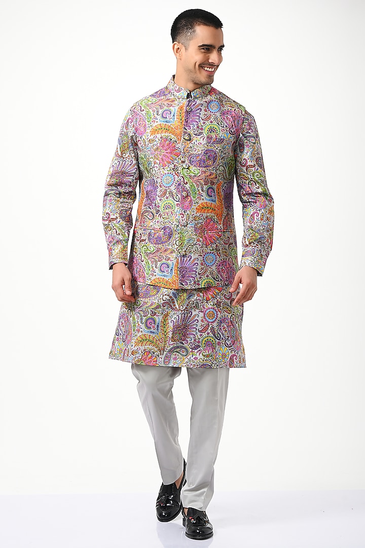 Multi-Colored Silk Paisley Kalamkari Printed Nehru Jacket by Taroob Men
