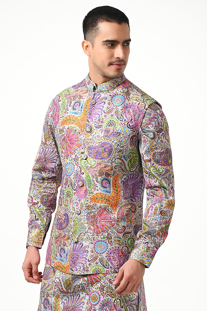 Multi-Colored Silk Paisley Kalamkari Printed Nehru Jacket by Taroob Men at Pernia's Pop Up Shop