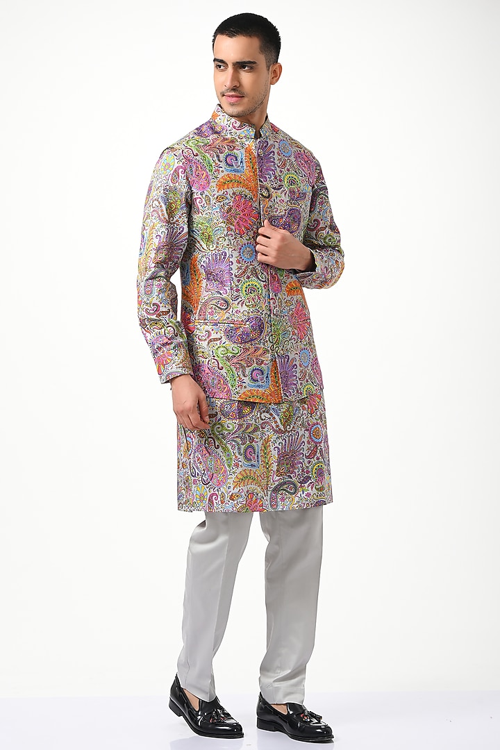 Multi-Colored Silk Paisley Kalamkari Printed Nehru Jacket by Taroob Men at Pernia's Pop Up Shop
