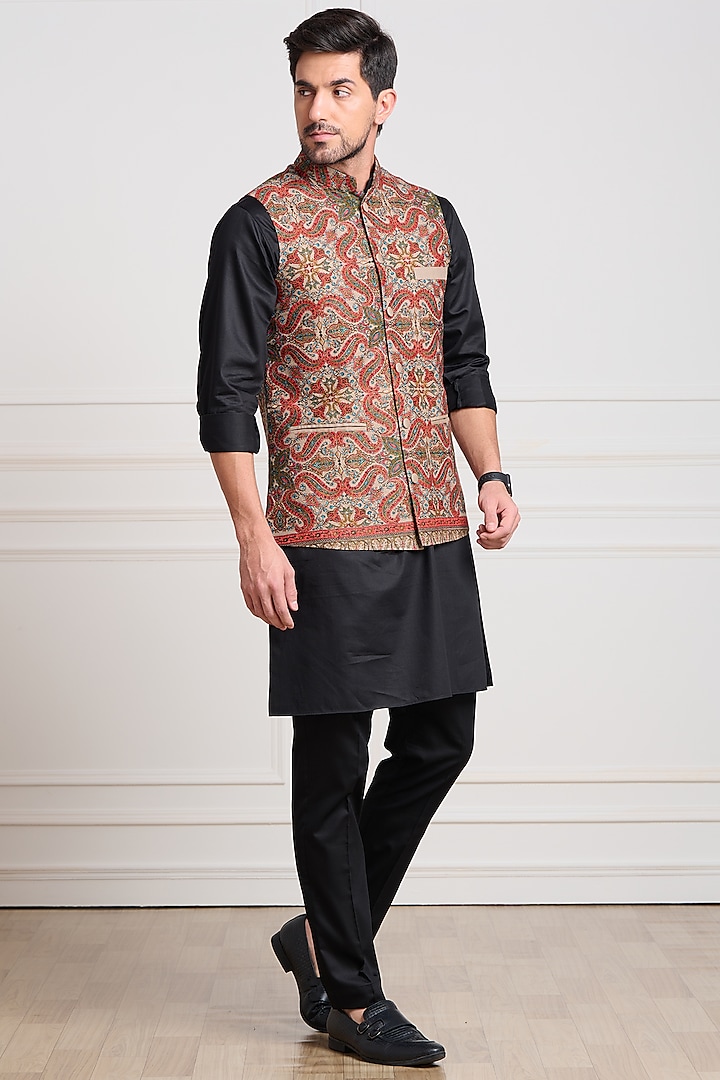 Multi-Colored Embroidered Bundi Jacket by Taroob Men