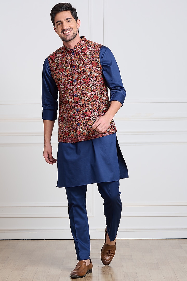 Multi-Colored Floral Embroidered Bundi Jacket by Taroob Men