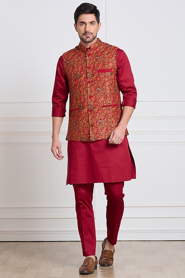 Red Floral Embroidered Nehru Jacket by Taroob Men