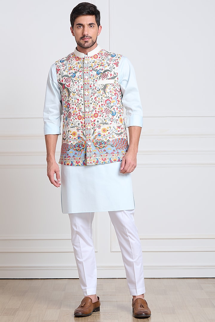 White Embroidered Nehru Jacket by Taroob Men