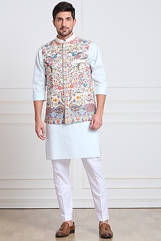 White Embroidered Nehru Jacket by Taroob Men