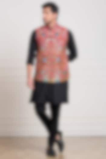 Red Wool Embroidered Bundi Jacket by Taroob Men