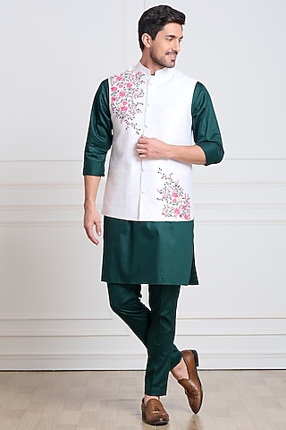 White Raw Silk Embroidered Bundi Jacket by Taroob Men
