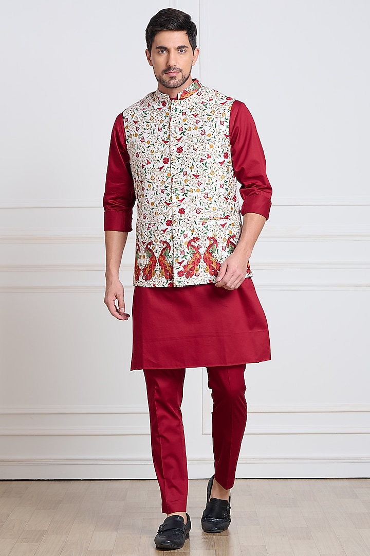 Multi-Colored Kalamkari Embroidered Bundi Jacket by Taroob Men