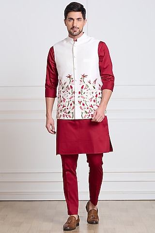 White Raw Silk Bundi Jacket by Taroob Men