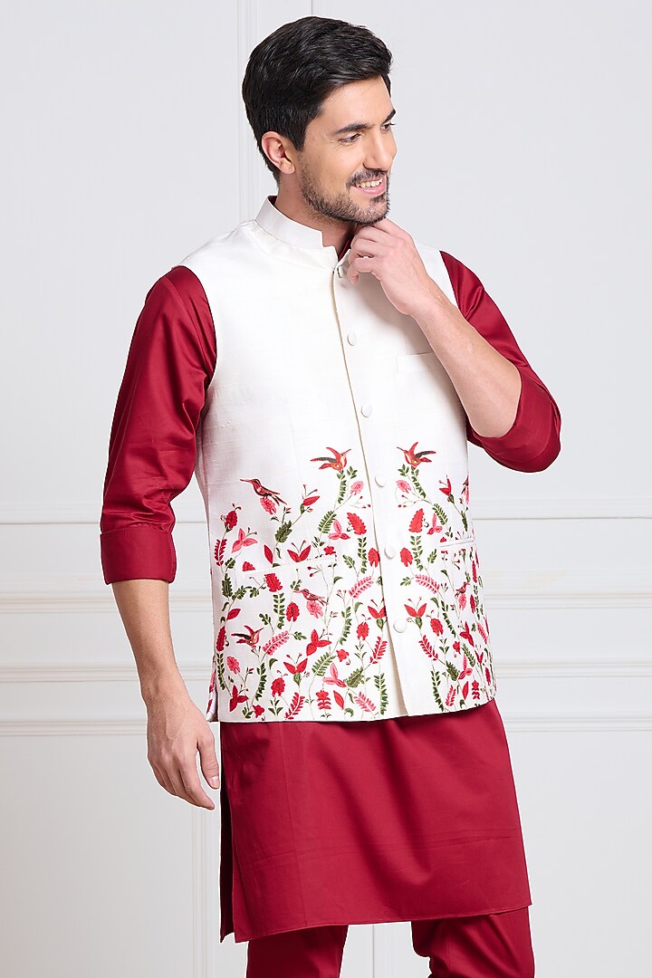 White Raw Silk Bundi Jacket by Taroob Men at Pernia's Pop Up Shop
