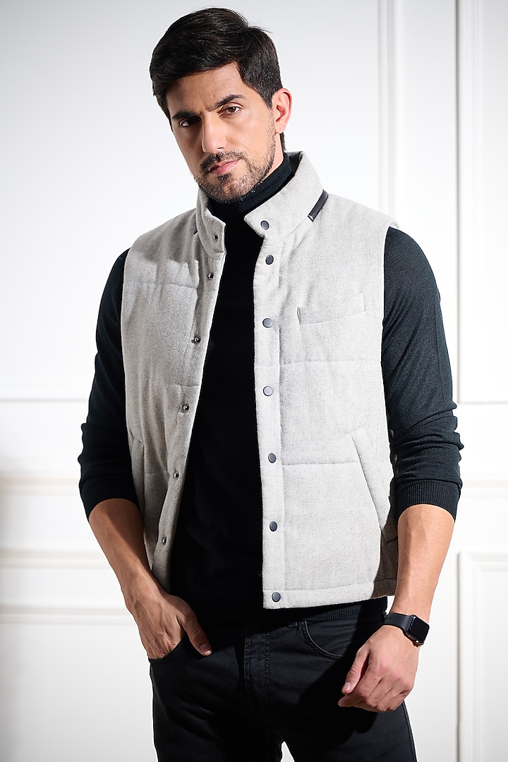 Grey Wool Puffer Vest Jacket by Taroob Men