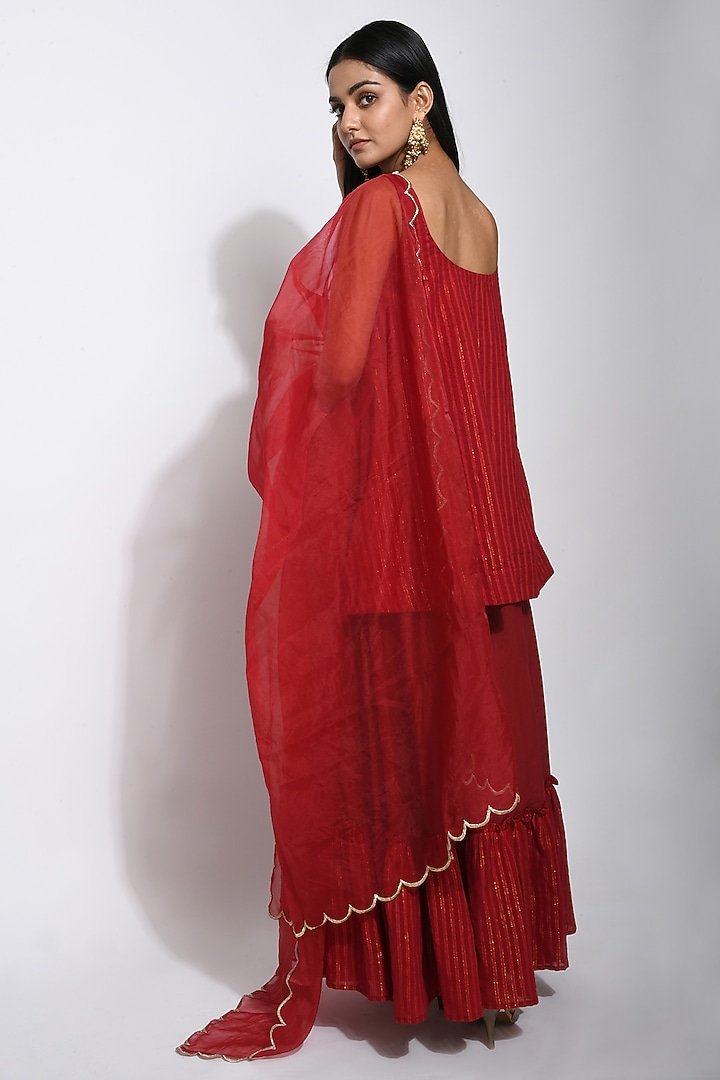 Red Handwoven Cotton Zari & Sequin Skirt Set by TARO at Pernia's Pop Up Shop