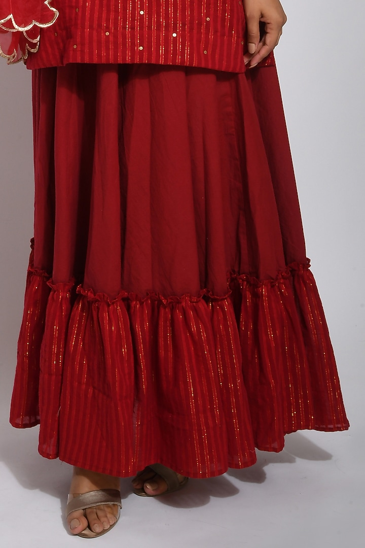 Red Handwoven Cotton Zari & Sequin Skirt Set by TARO at Pernia's Pop Up Shop