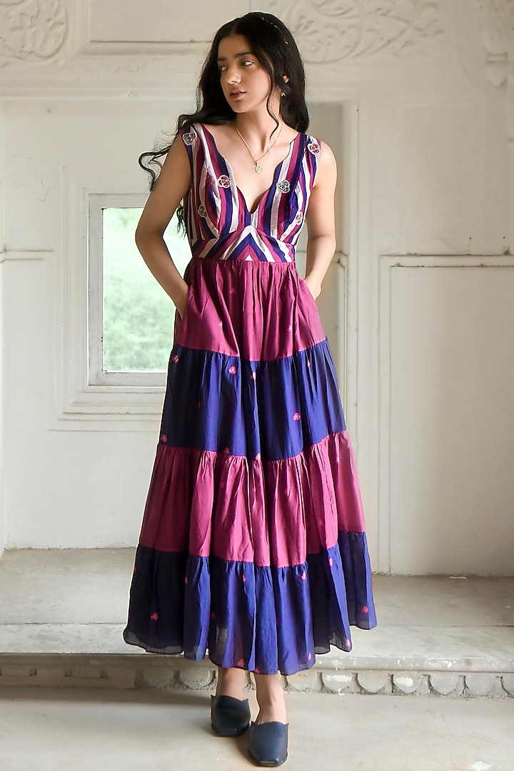 Blue & Wine-Red Silk Digital Printed Dress by TARO at Pernia's Pop Up Shop