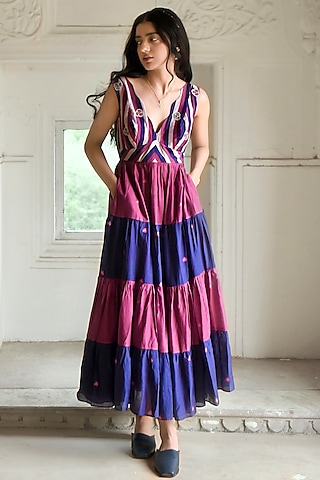 Blue & Wine-Red Silk Digital Printed Dress by TARO