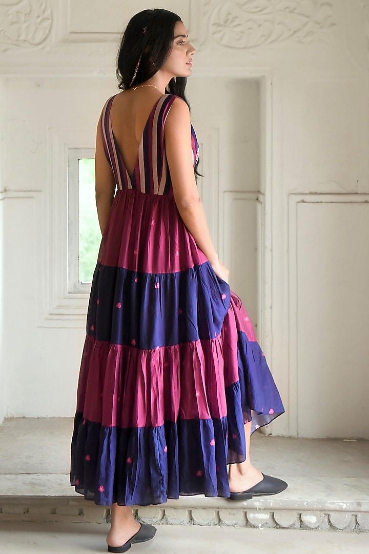 Blue & Wine-Red Silk Digital Printed Vacation Dress by TARO at Pernia's Pop Up Shop