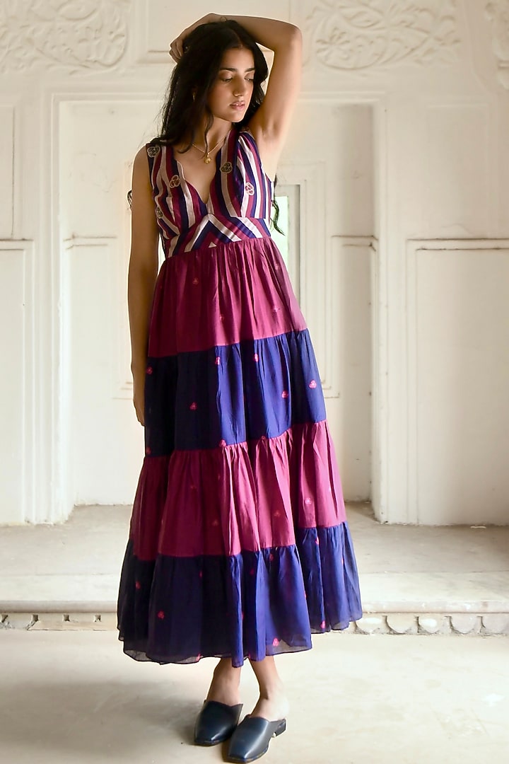 Blue & Wine-Red Silk Digital Printed Vacation Dress by TARO at Pernia's Pop Up Shop