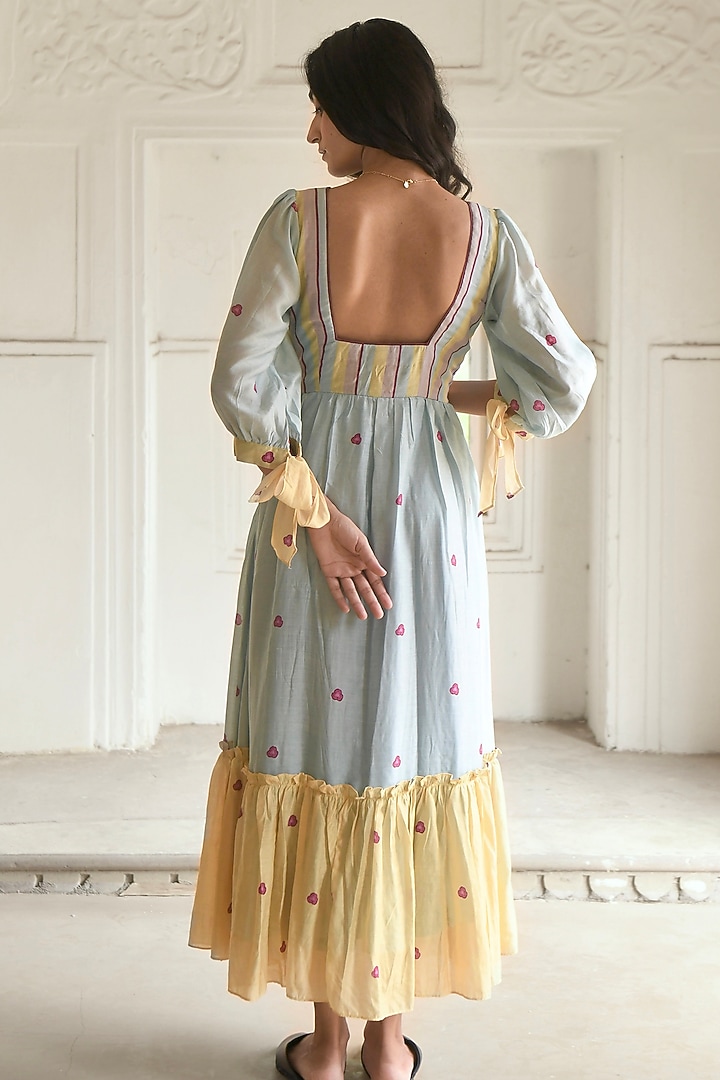 Sky Blue & Pale Yellow Chanderi Printed Summer Dress by TARO at Pernia's Pop Up Shop