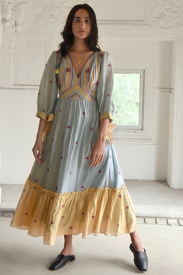 Sky Blue & Pale Yellow Chanderi Printed Summer Dress by TARO at Pernia's Pop Up Shop
