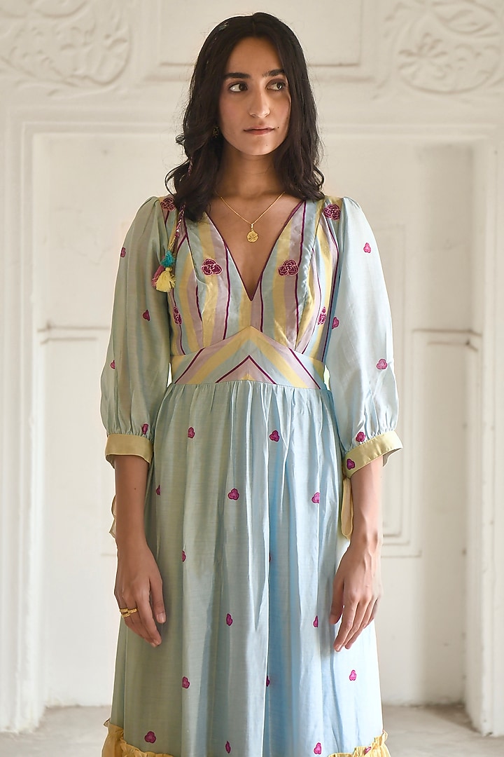 Sky Blue & Pale Yellow Chanderi Printed Summer Dress by TARO at Pernia's Pop Up Shop