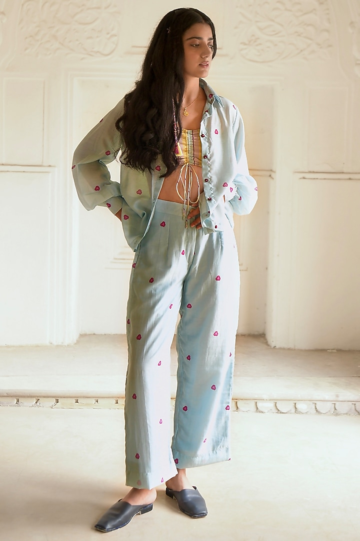 Sky Blue Chanderi Digital Printed Co-Ord Set by TARO at Pernia's Pop Up Shop