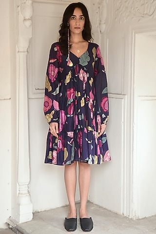Persian Blue Chanderi Floral Printed Knee-Length Dress by TARO