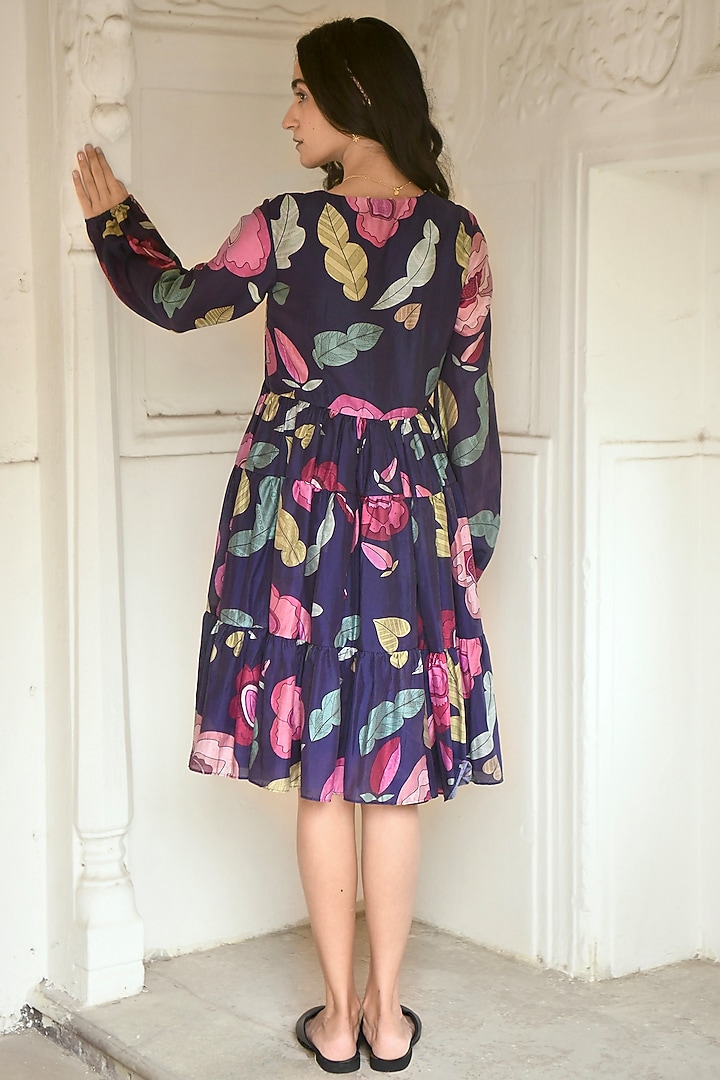 Persian Blue Chanderi Floral Printed Knee-Length Summer Dress by TARO at Pernia's Pop Up Shop