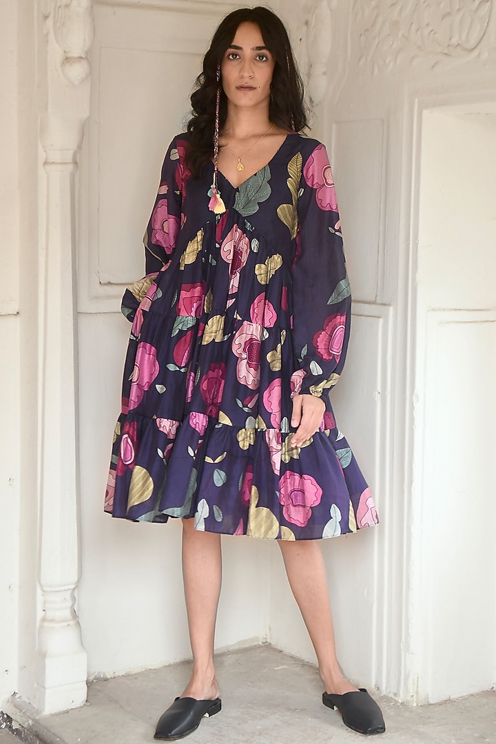 Persian Blue Chanderi Floral Printed Knee-Length Summer Dress by TARO at Pernia's Pop Up Shop