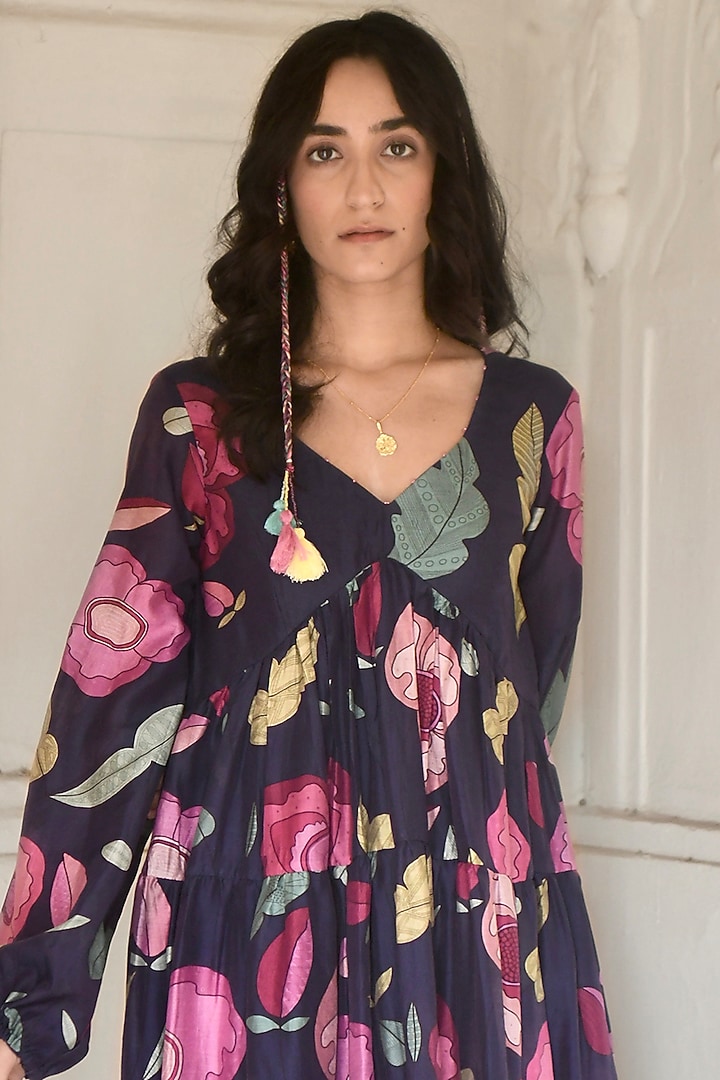 Persian Blue Chanderi Floral Printed Knee-Length Summer Dress by TARO at Pernia's Pop Up Shop