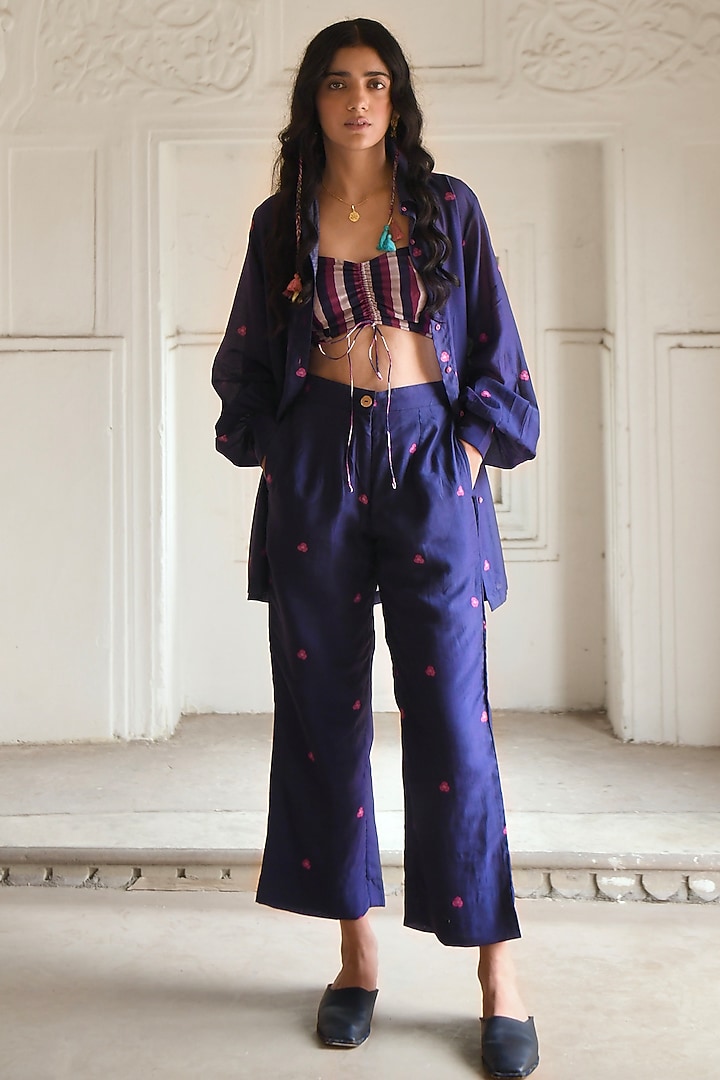 Dark Blue Chanderi Digital Printed Co-Ord Set by TARO at Pernia's Pop Up Shop
