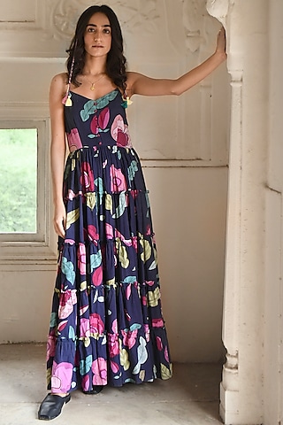 Persian Blue Mulmul Printed Maxi Dress by TARO