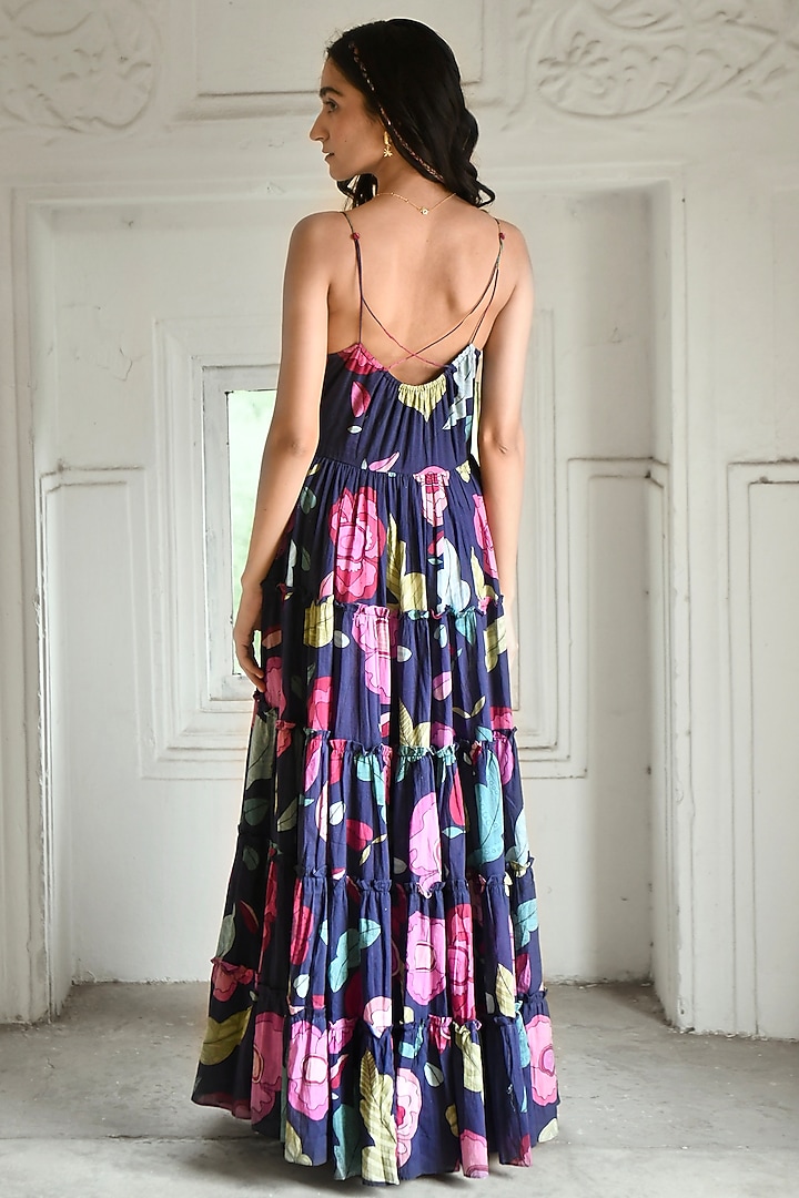 Persian Blue Mulmul Printed Maxi Summer Dress by TARO at Pernia's Pop Up Shop
