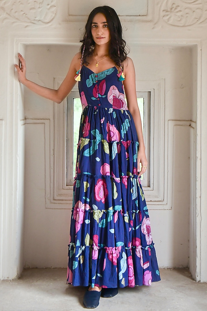 Persian Blue Mulmul Printed Maxi Summer Dress by TARO at Pernia's Pop Up Shop