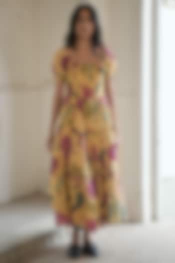Yellow Chanderi Printed Dress by TARO