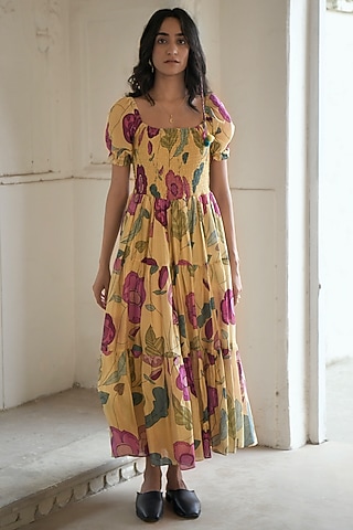 Yellow Chanderi Printed Dress by TARO