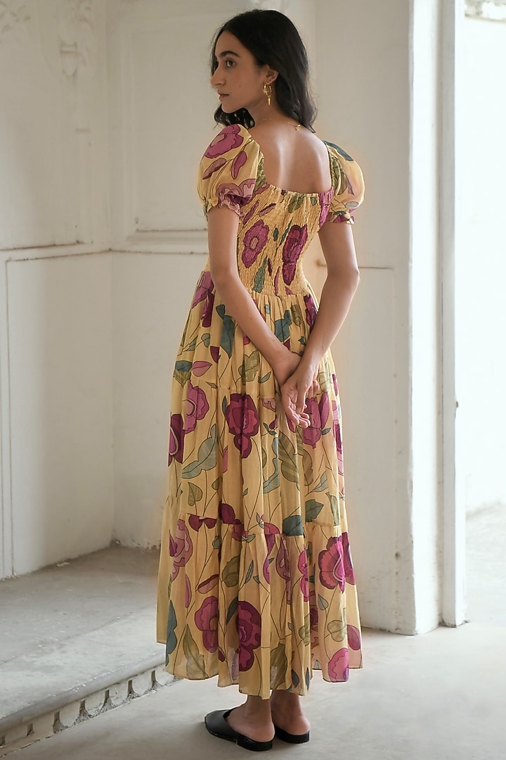 Yellow Chanderi Printed Summer Dress by TARO at Pernia's Pop Up Shop