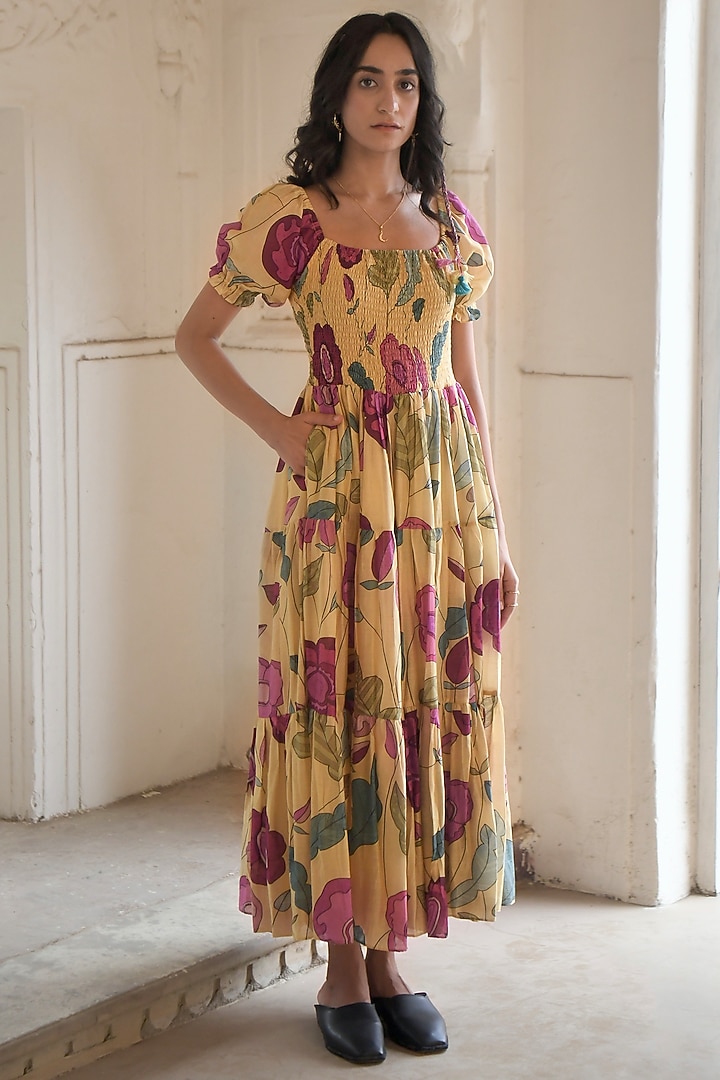 Yellow Chanderi Printed Summer Dress by TARO at Pernia's Pop Up Shop