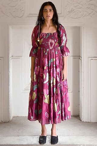 Wine-Red Chanderi Printed Dress by TARO