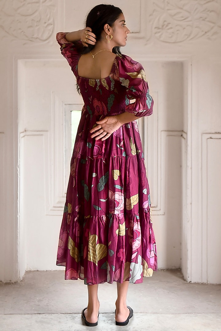 Wine-Red Chanderi Printed Summer Dress by TARO at Pernia's Pop Up Shop