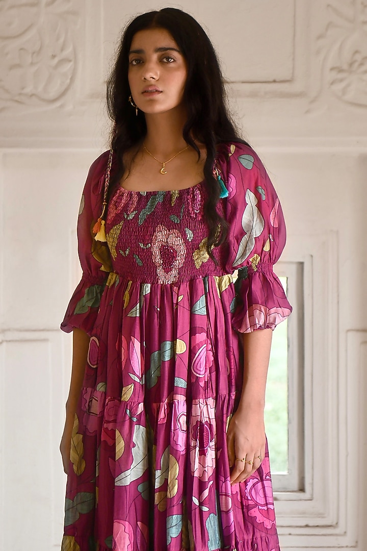 Wine-Red Chanderi Printed Summer Dress by TARO at Pernia's Pop Up Shop
