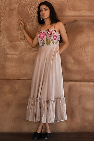Grey Chanderi Embroidered & Printed Dress by TARO