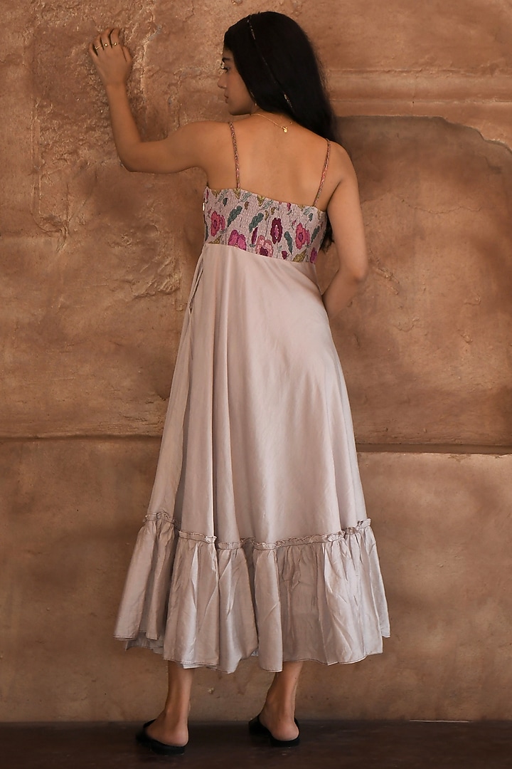 Grey Chanderi Embroidered & Printed Summer Dress by TARO at Pernia's Pop Up Shop