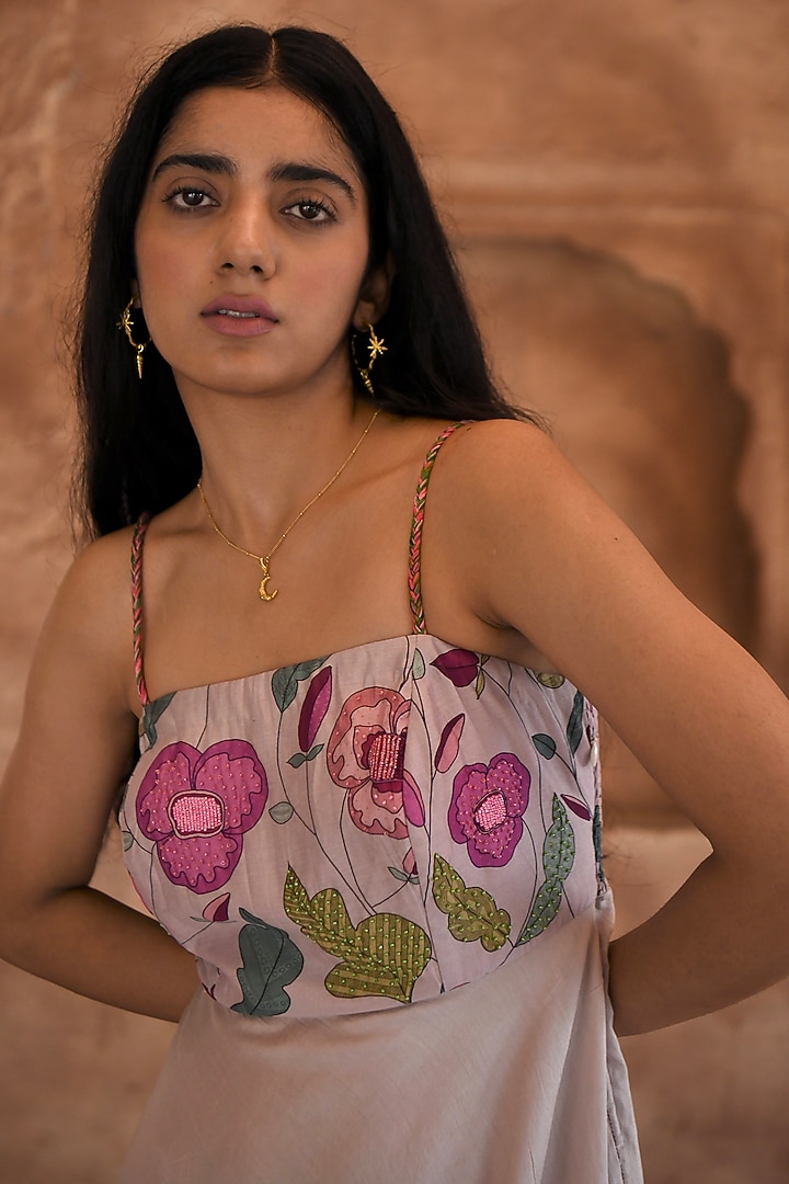 Grey Chanderi Embroidered & Printed Summer Dress by TARO at Pernia's Pop Up Shop