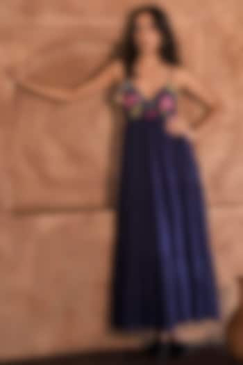 Dark Blue Chanderi Printed & Embroidered Maxi Dress by TARO