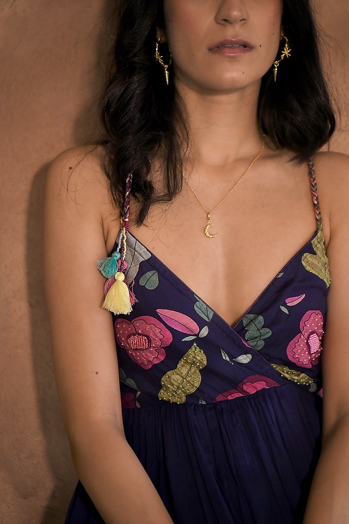 Dark Blue Chanderi Printed & Embroidered Maxi Summer Dress by TARO at Pernia's Pop Up Shop