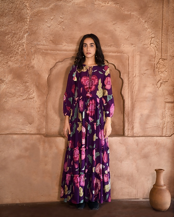 Violet Chanderi Printed Summer Dress by TARO at Pernia's Pop Up Shop